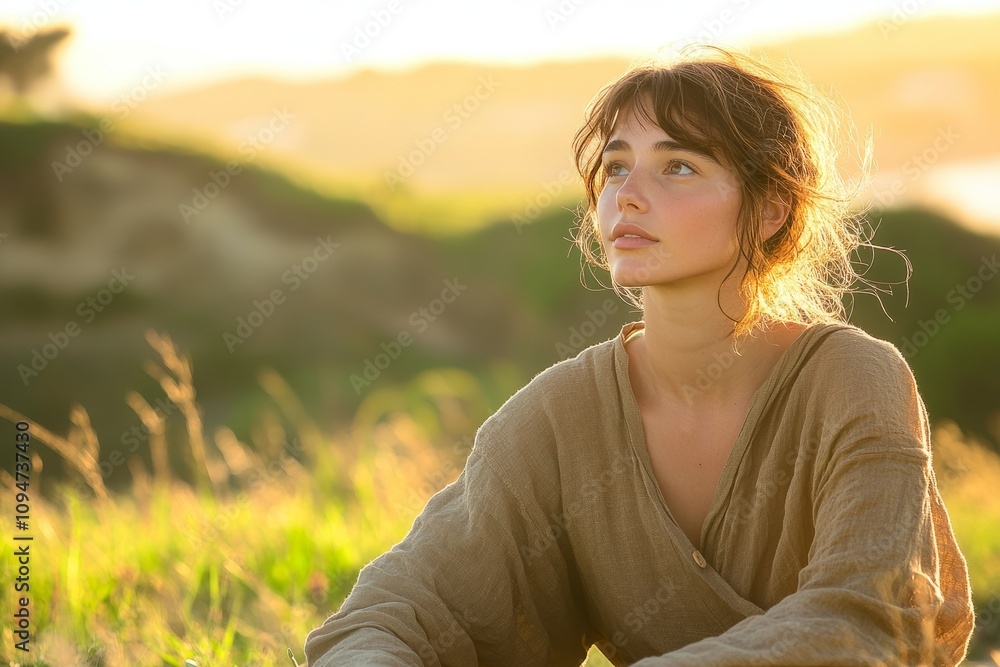 Thoughtful woman sitting outdoors in golden light Thoughtful woman sitting outdoors in golden light