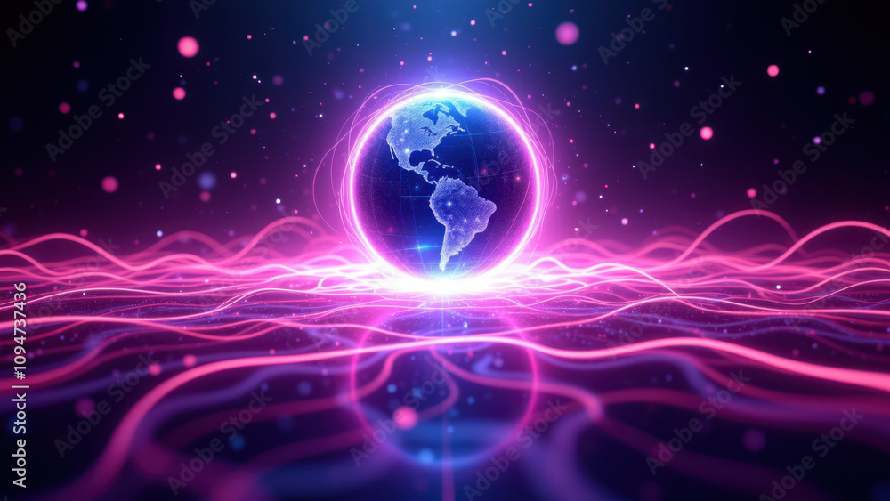 Fototapeta premium This image features a futuristic and abstract design with vibrant hues, featuring a stylized Earth at its center and dynamic energy lines surrounding it. It's ideal for high-tech or sci-fi themes.