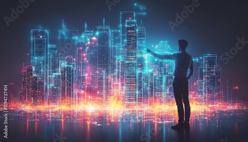 Cuttingedge real estate visionary interacting with holographic homes, advanced smart tech, and a futuristic city backdrop illuminated with vibrant lights