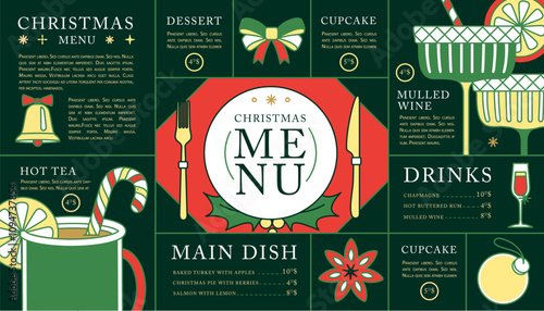 Holiday line art Merry Christmas and Happy New Year menu design. Flat design. Vector illustration