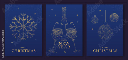 Set of luxury Merry Christmas and Happy New Year greeting cards, covers or posters with gold holiday decoration. Christmas blue background. Vector illustration