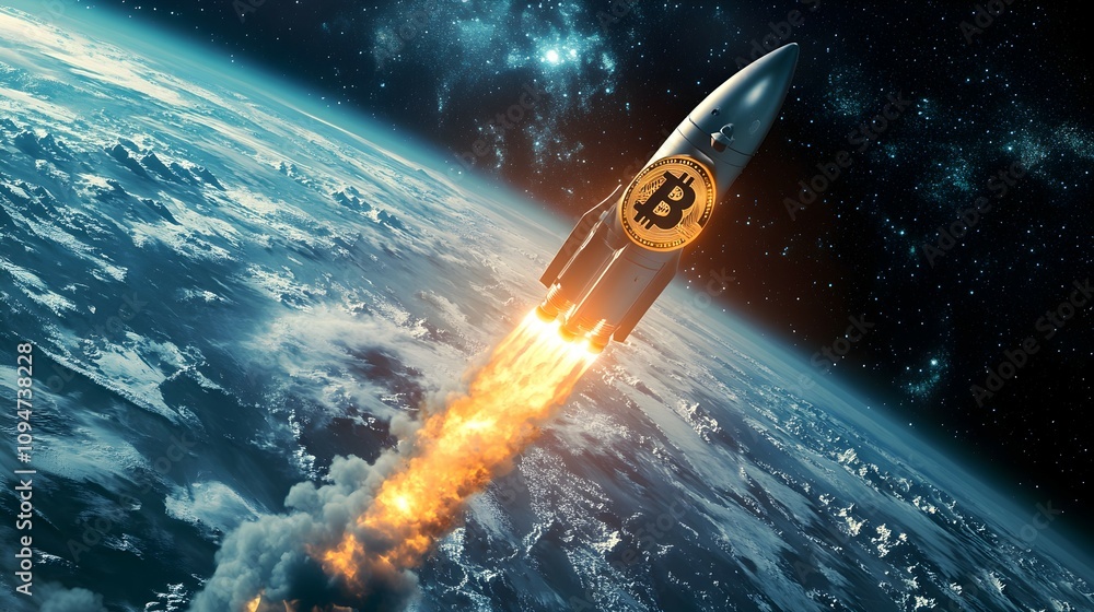 Fototapeta premium A rocket with the Bitcoin logo is flying in space