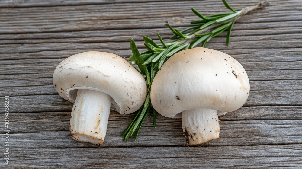 Fresh white mushrooms paired with sprigs of rosemary lie on a wooden surface, evoking simplicity and organic culinary inspiration. Fresh white mushrooms paired with sprigs of rosemary lie on a wooden surface, evoking simplicity and organic culinary inspiration.