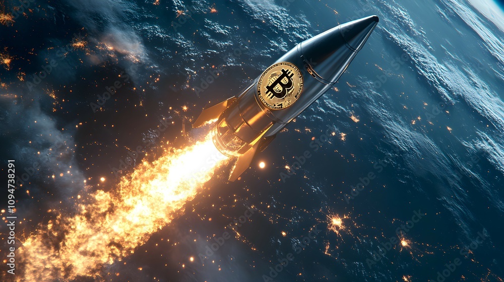 Fototapeta premium A rocket with the Bitcoin logo is flying in space