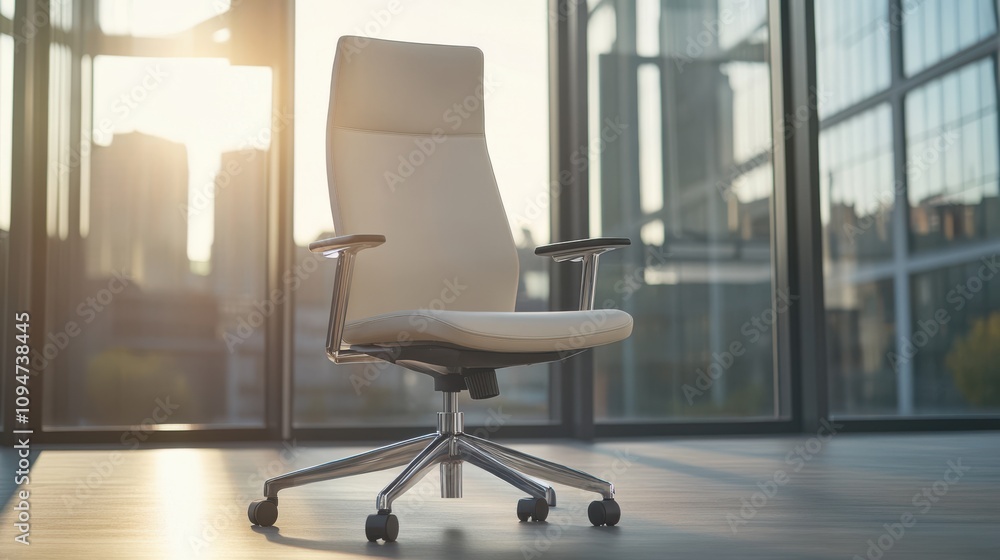 Sunlight streams gently through floor-to-ceiling windows onto a sleek modern office chair, evoking a serene workspace ambiance. Sunlight streams gently through floor-to-ceiling windows onto a sleek modern office chair, evoking a serene workspace ambiance.