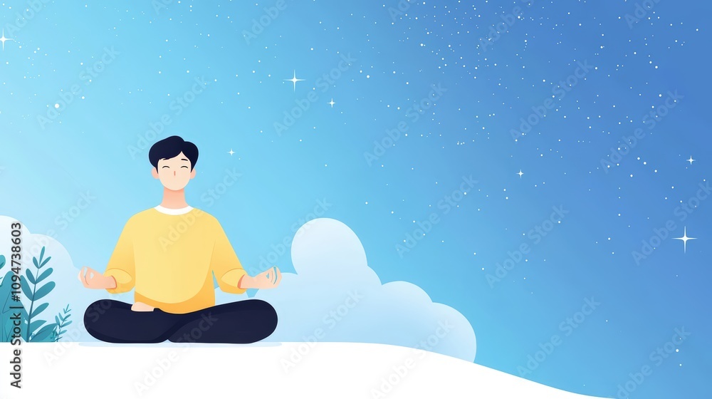 Calm young man meditating in a serene setting. Calm young man meditating in a serene setting.