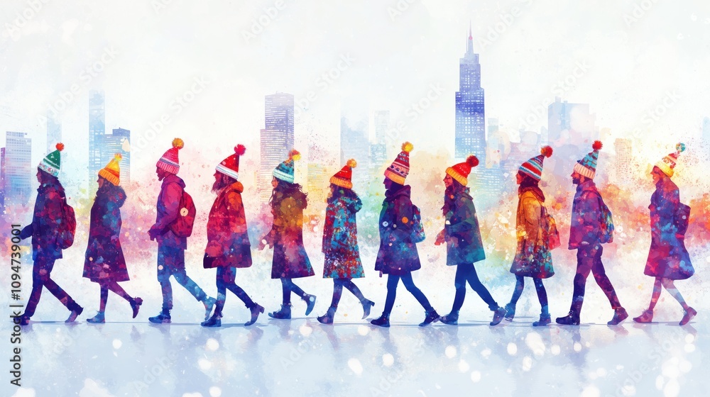 Naklejka premium Bunte Weihnachtsparade mit Schneeflocken
