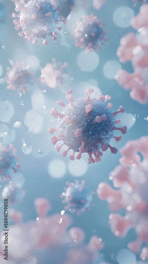 3D rendering of vibrant virus particles in blue. 3D rendering of vibrant virus particles in blue.