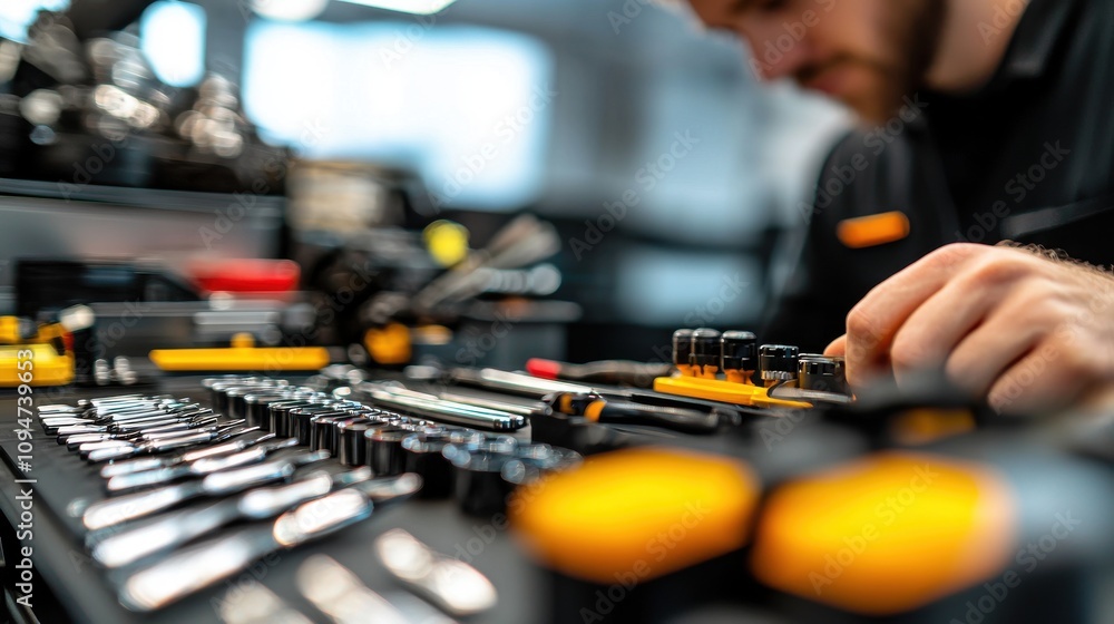 Organized Mechanic Tools Displayed on a Workbench with a Focused Technician in a Modern Workshop Environment Organized Mechanic Tools Displayed on a Workbench with a Focused Technician in a Modern Workshop Environment