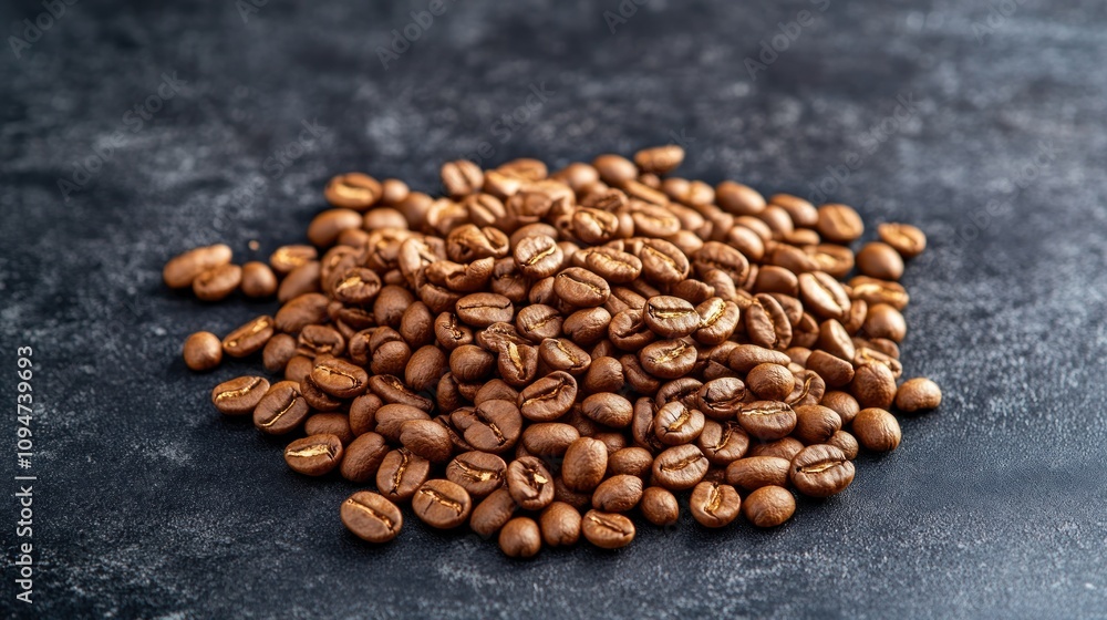 A pile of roasted coffee beans on a textured surface. A pile of roasted coffee beans on a textured surface.