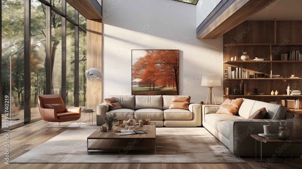 Fototapeta premium 3D rendering of a modern living room with clean lines and luxury accents. Contemporary decor that is both functional and stylish.