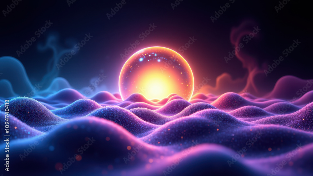 Obraz premium Abstract high-tech background with a glowing orange circle on top of purple clouds.