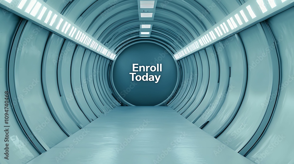 Registration enrollment. A futuristic tunnel with the message Registration enrollment. A futuristic tunnel with the message