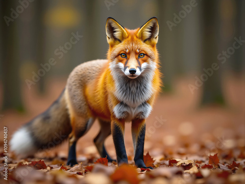 Red fox standing on autumn leaves in a forest