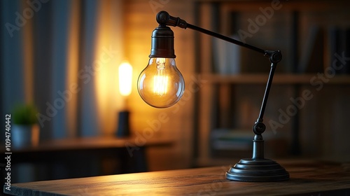Table lamp with a classic light bulb turned on, casting a warm glow over a desk or nightstand