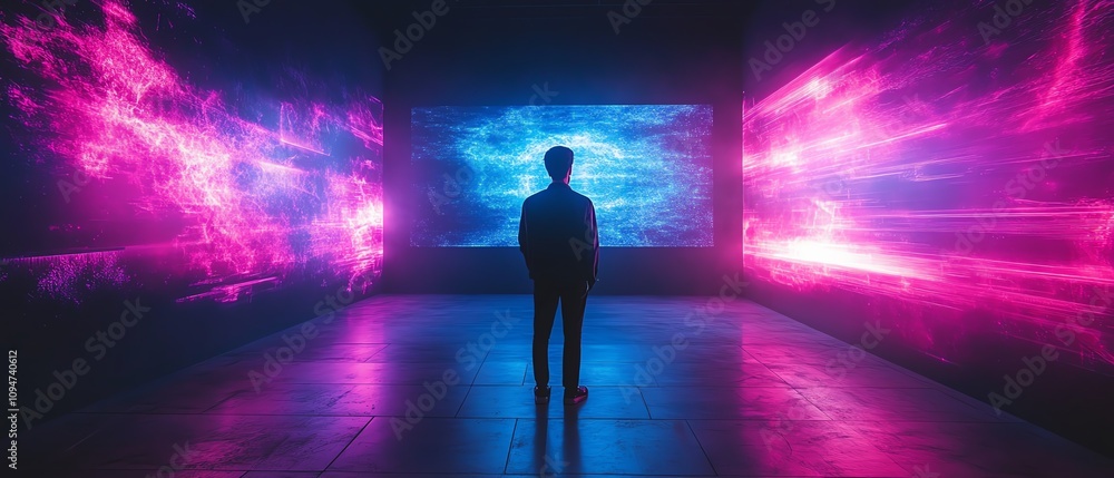 A confident professional presenting holographic home projections with vibrant smart technology, hightech digital graphics, and futuristic neon lighting A confident professional presenting holographic home projections with vibrant smart technology, hightech digital graphics, and futuristic neon lighting