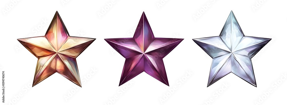 Three Distinct Crystal Stars in White and Vibrant Colors Showcasing Unique Designs and Textures, Ideal for Decorative or Artistic Purposes in Various Creative Projects Three Distinct Crystal Stars in White and Vibrant Colors Showcasing Unique Designs and Textures, Ideal for Decorative or Artistic Purposes in Various Creative Projects