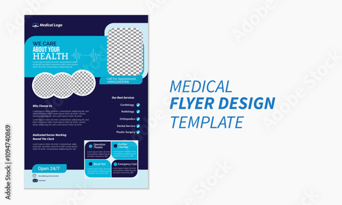 Creative hospital business flyer template with dark blue elements
