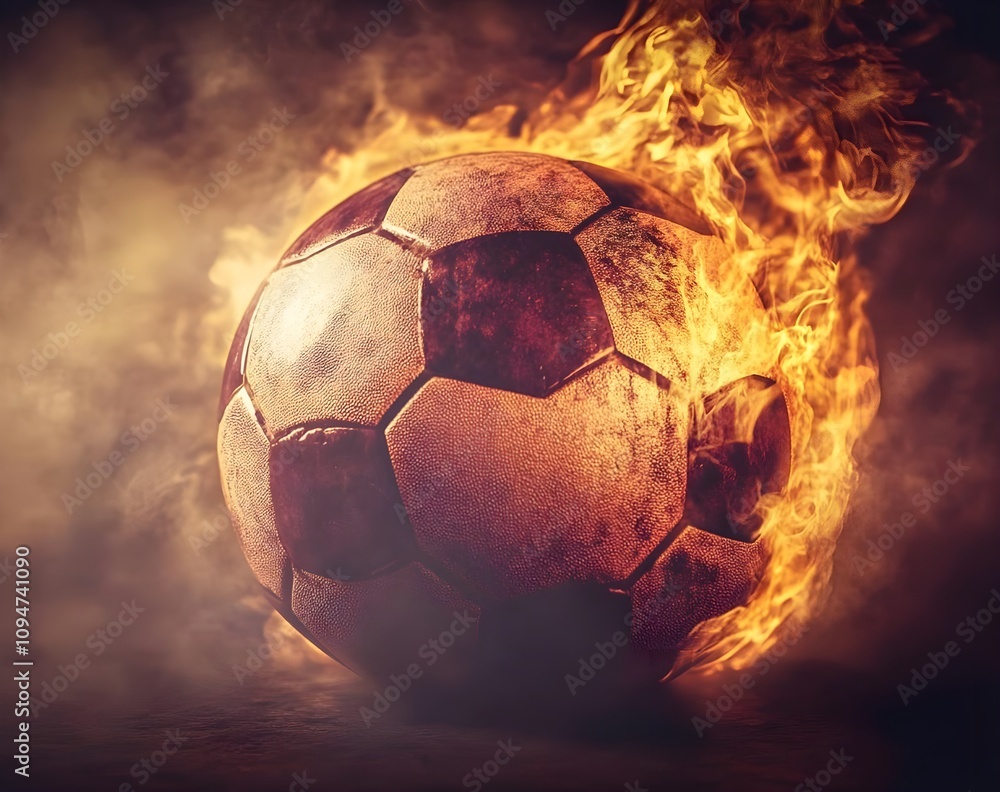Fototapeta premium Fiery Soccer Ball Surrounded by Smoke in Dramatic Background, Capturing the Intensity and Energy of the Game
