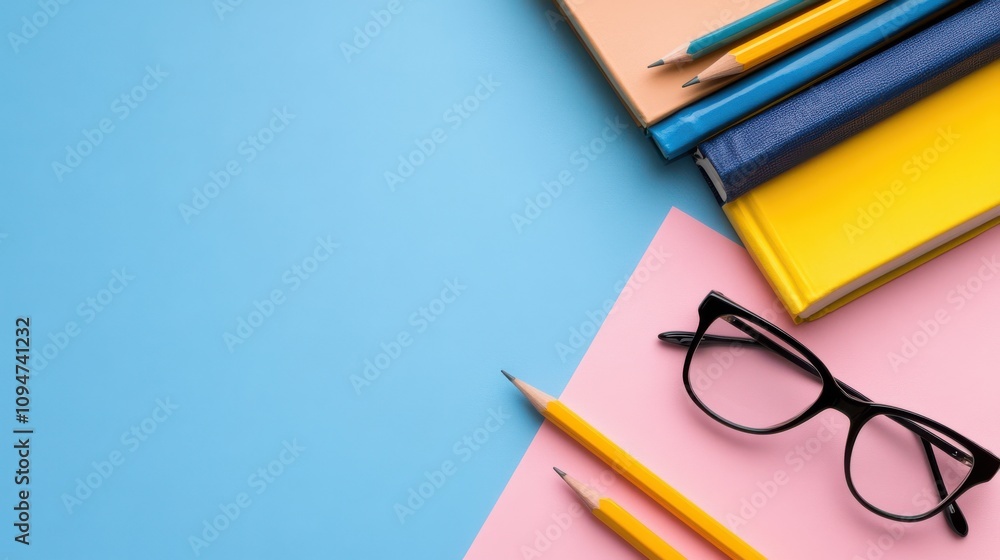 A creative still life with colorful books, pencils, and reading glasses arranged artfully on a pastel background, evoking learning and creativity. A creative still life with colorful books, pencils, and reading glasses arranged artfully on a pastel background, evoking learning and creativity.