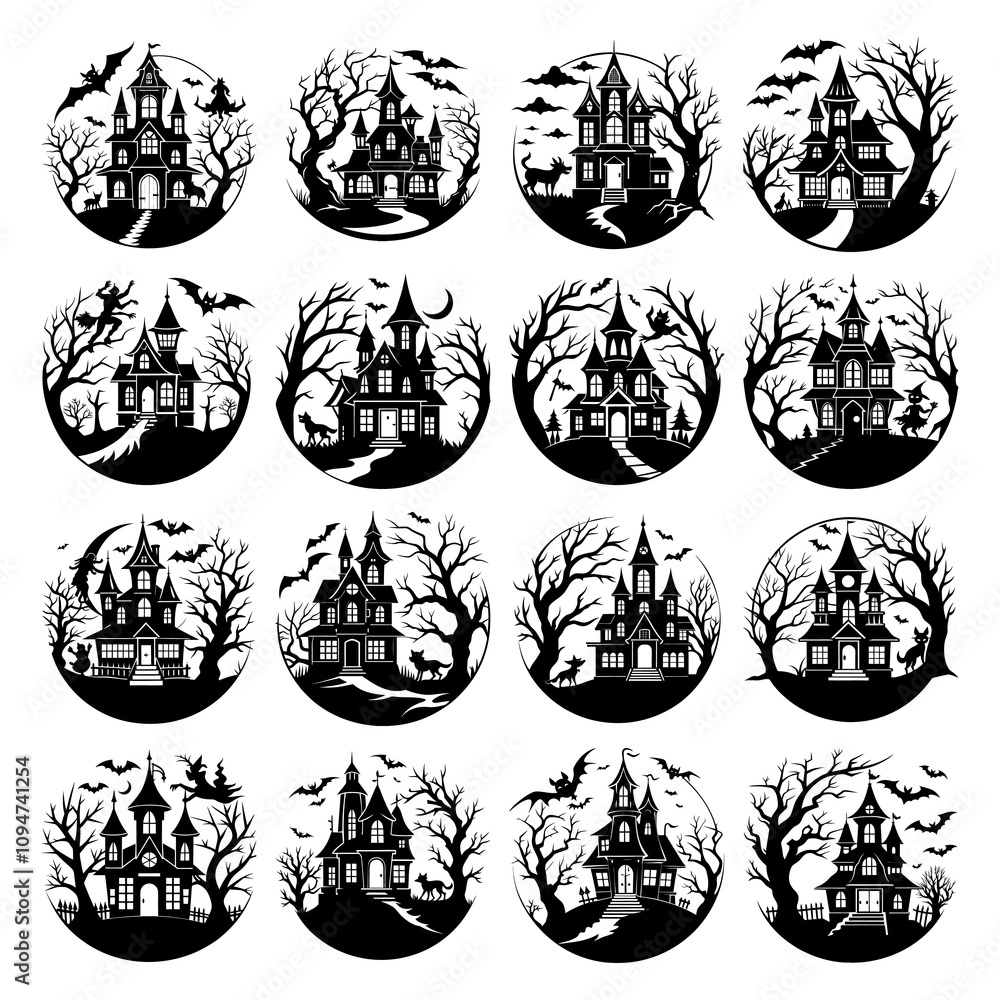 Obraz premium Silhouette Halloween Haunted house illustrations spooky Halloween icons .