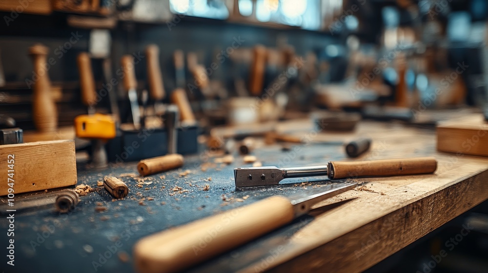 A cluttered workbench with various woodworking tools A cluttered workbench with various woodworking tools
