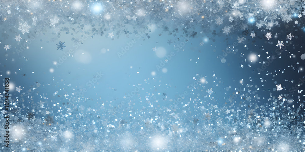 Obraz premium Blue festive background with white snowflakes and shiny glitter elements, free copy space for text 