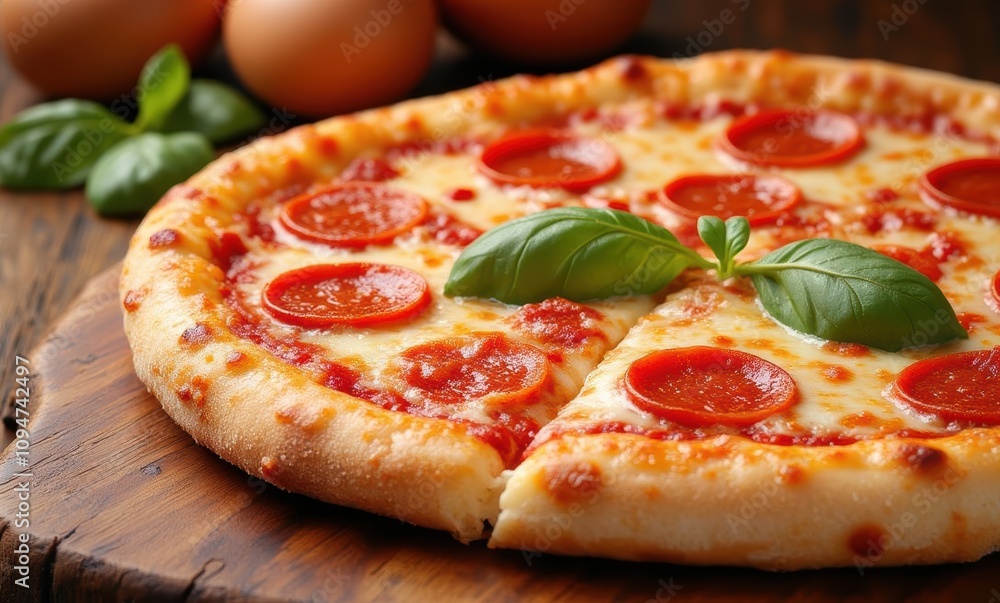 Delicious pepperoni pizza with fresh basil. Delicious pepperoni pizza with fresh basil.