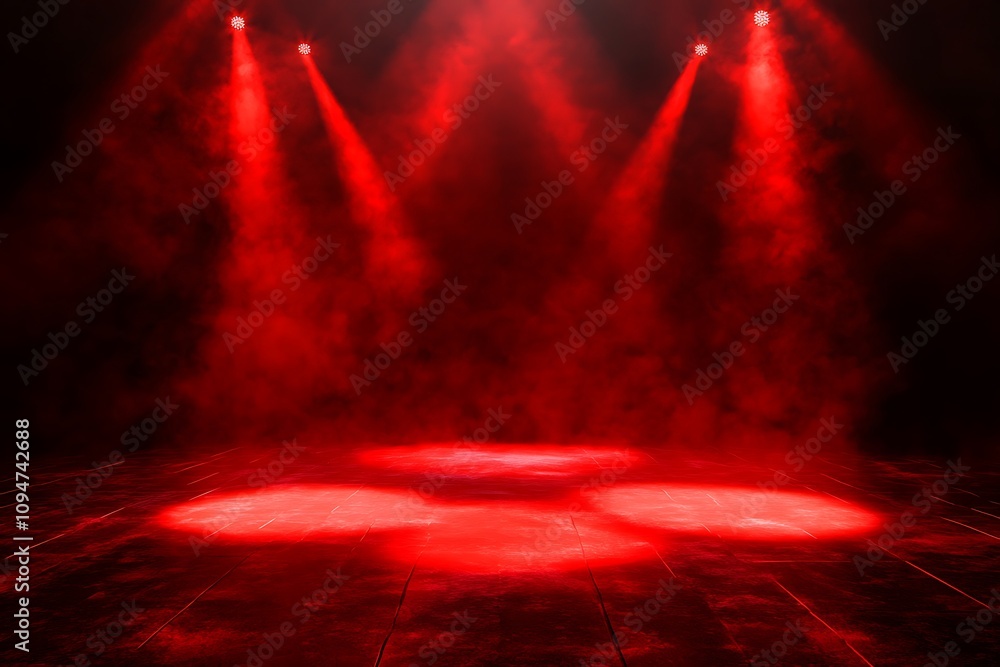 Naklejka premium Free stage with lights and smoke, Empty stage with red spotlights, conser, show, party, Presentation concept. Red spotlight strike on black background 