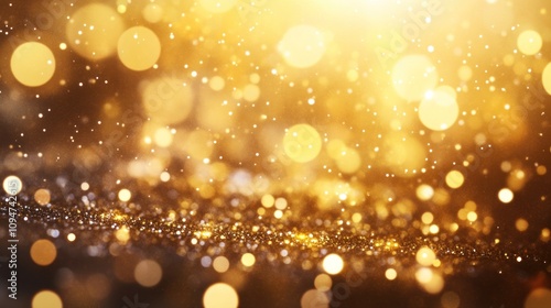 Shiny golden particles and sprinkles creating festive holiday atmosphere. Perfect for celebrations.