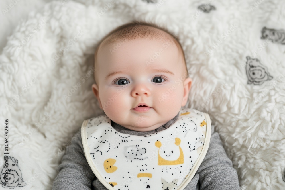 A close-up portrait of a baby wearing a whimsical bib, lying on a fluffy white blanket, exuding calm and innocence. A close-up portrait of a baby wearing a whimsical bib, lying on a fluffy white blanket, exuding calm and innocence.