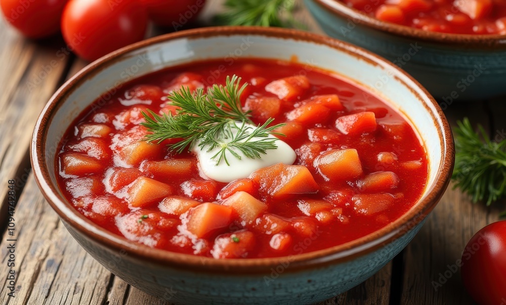 Delicious tomato soup in rustic bowl. Delicious tomato soup in rustic bowl.