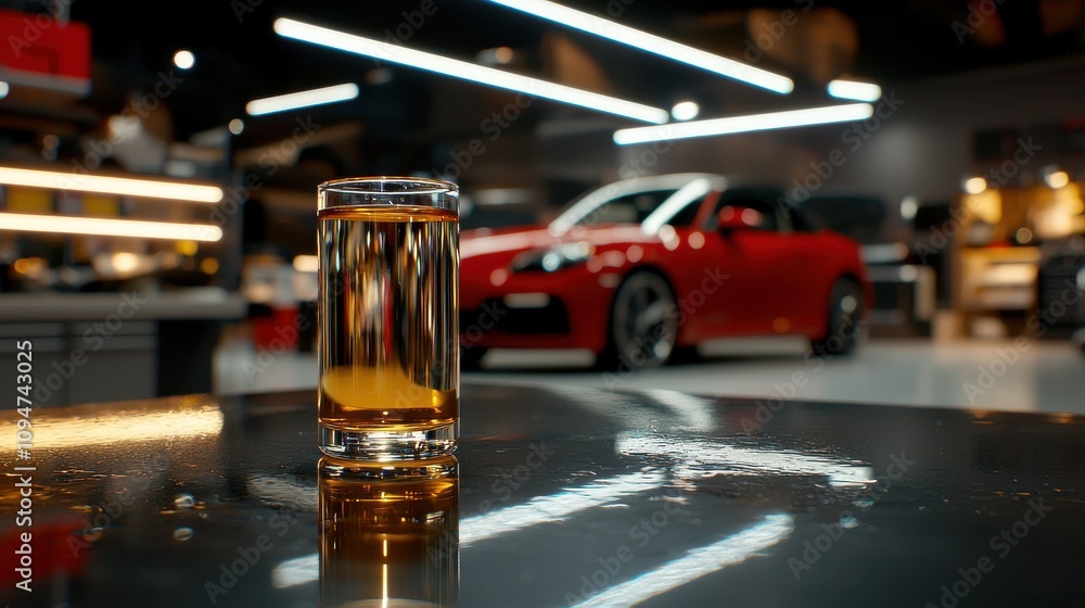 A Clear Glass of Liquid Displayed on a Reflective Surface in an Automotive Service Shop with a Car in the Background Emphasizing Modern Design and Ambiance A Clear Glass of Liquid Displayed on a Reflective Surface in an Automotive Service Shop with a Car in the Background Emphasizing Modern Design and Ambiance