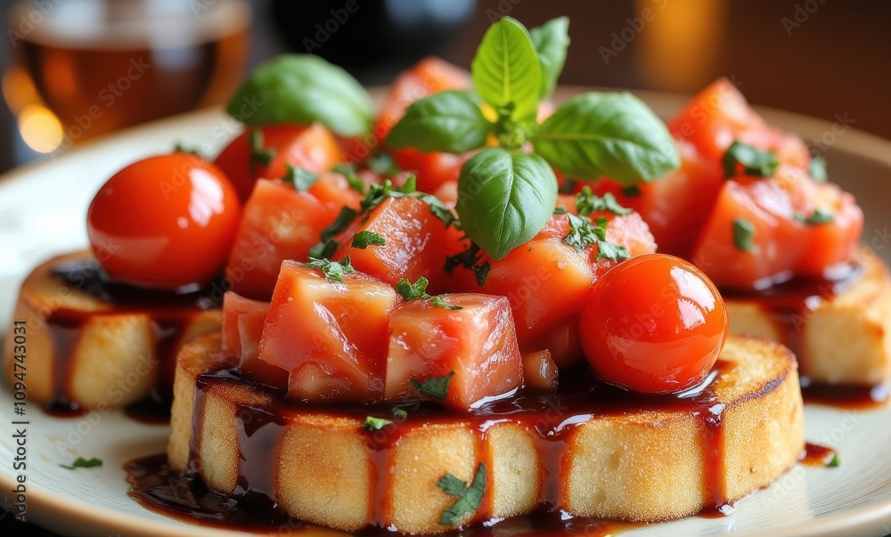 Delicious tomato and basil bruschetta dish Delicious tomato and basil bruschetta dish