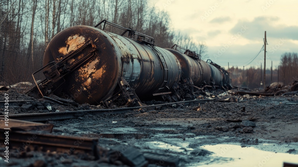 A detailed shot of a hazardous cargo train derailment on railway tracks, capturing the damage and environmental danger posed by the incident A detailed shot of a hazardous cargo train derailment on railway tracks, capturing the damage and environmental danger posed by the incident
