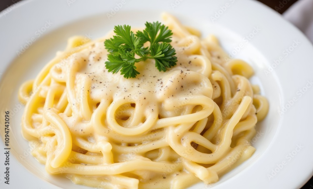 Creamy pasta dish garnished with herbs Creamy pasta dish garnished with herbs