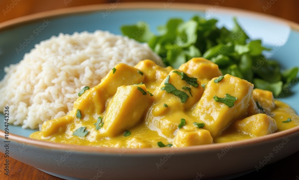 Delicious chicken curry with rice and greens Delicious chicken curry with rice and greens
