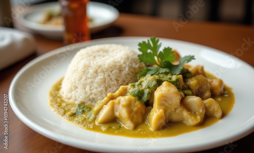 Delicious chicken curry with rice.