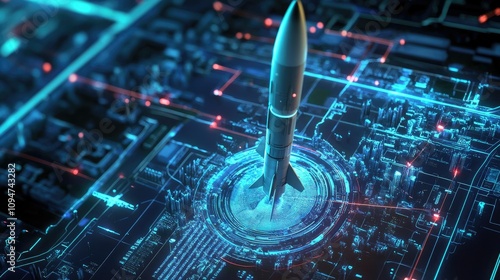 A digital projection showing the interface of a missile system on a futuristic city map, used for strategic military planning and intelligence analysis