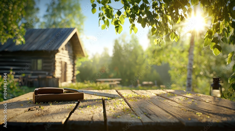 Naklejka premium Outdoor Tool Set on a Wooden Table in Natural Light