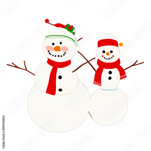 Two snowmen are standing next to each other. Both of the snowmen have red scarves on their necks. The snowman on the left has a green and red hat on his head.