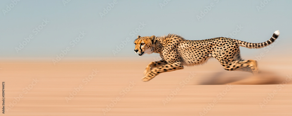 Obraz premium cheetah running swiftly across sandy landscape, showcasing its speed and grace