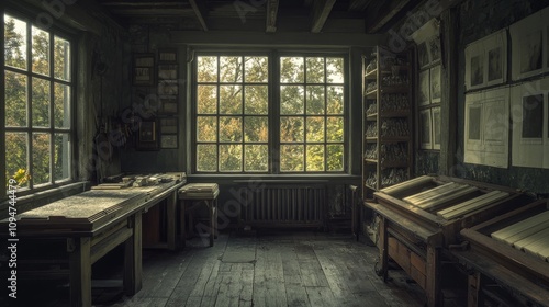 Wallpaper Mural A dimly lit room with two work tables and large windows overlooking trees Torontodigital.ca