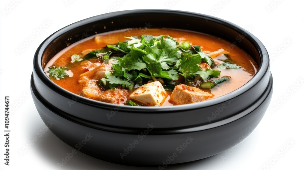 A vibrant dish features expertly grilled meat alongside fresh vegetables, served in a traditional black bowl on a white background