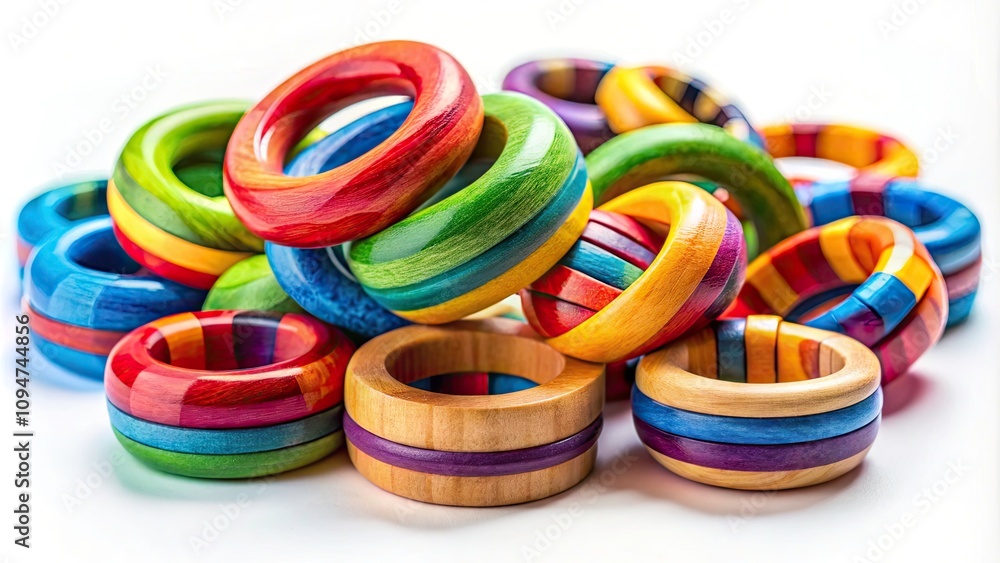 Vibrant Colorful Wooden Puzzle Rings on a White Background - Unique Educational Toy, Creative Decor, Handmade Craft, Eye-Catching Design, Perfect Gift Idea for Adults and Kids Vibrant Colorful Wooden Puzzle Rings on a White Background - Unique Educational Toy, Creative Decor, Handmade Craft, Eye-Catching Design, Perfect Gift Idea for Adults and Kids