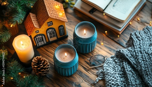 Real estate essentials flat lay with colorful miniature houses, a cozy desk setup, and warm lighting highlighting detailed textures for a homey feel photo