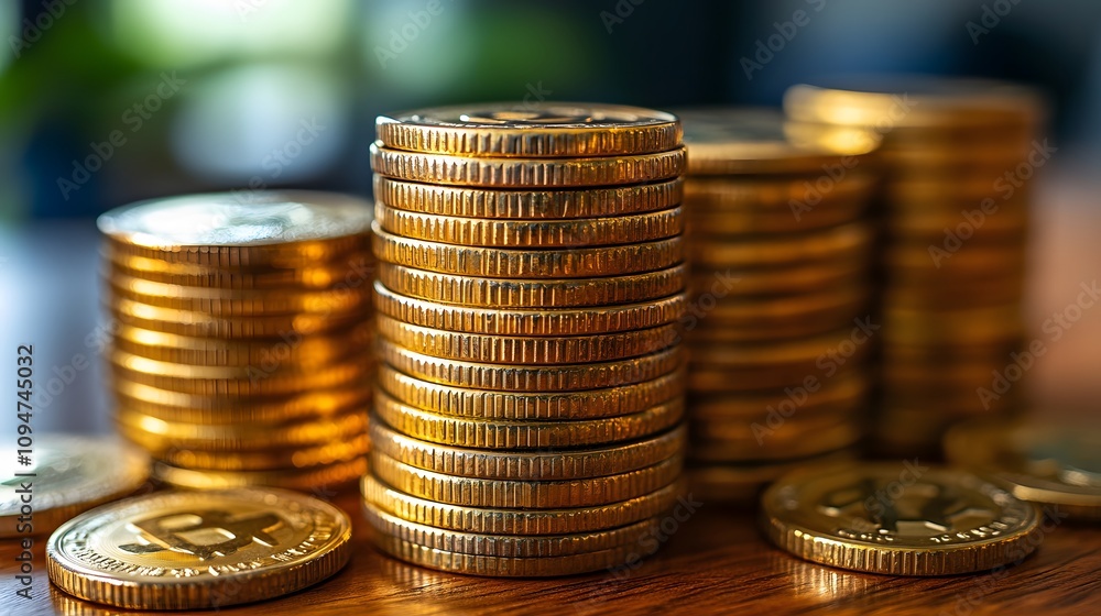 Business-oriented setting with a hand creating a neat coin stack, symbolizing success Business-oriented setting with a hand creating a neat coin stack, symbolizing success