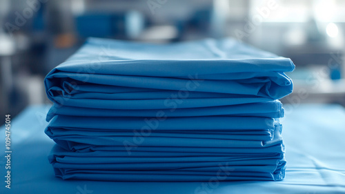 Close up of folded blue fabric clothes in hospital generated.AI photo