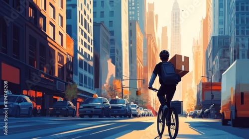 Delivery person on bicycle carrying package through bustling city street with tall buildings. Urban delivery service