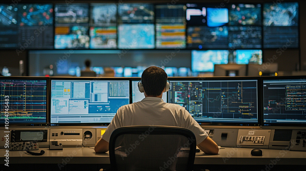 Control center operator monitors multiple screens for data analysis and system management Control center operator monitors multiple screens for data analysis and system management